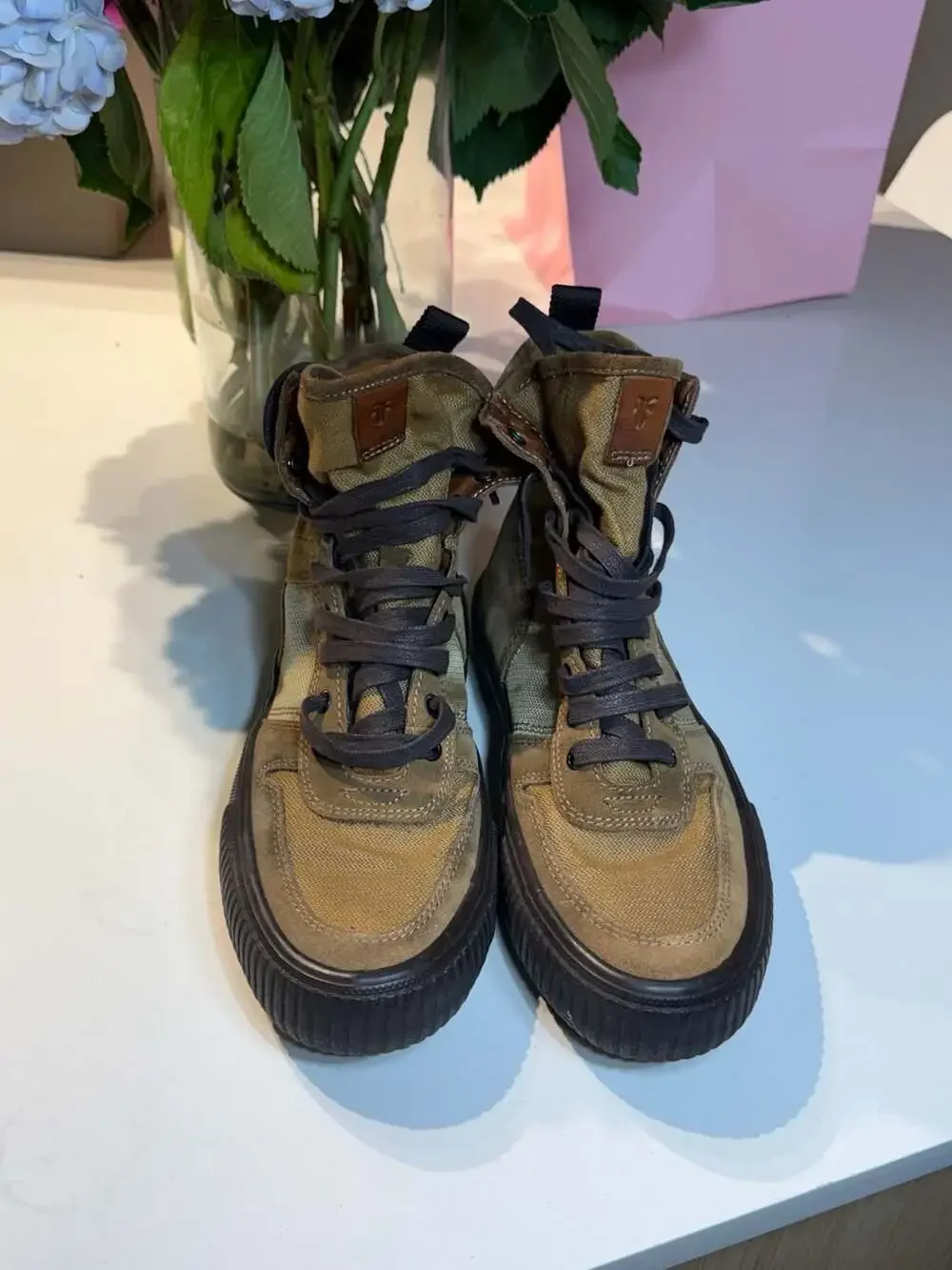 Frye Combat Lace Up 80204 Men's High-Top Sneakers in Olive Canvas and Suede